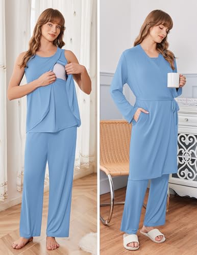 Ekouaer Maternity Pajamas Nursing Robe Set 3 Pieces Post Partum Lounge Sets - color: Light Blue, size: Medium