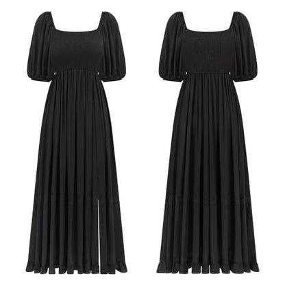 R.Vivimos Women's Summer Square Neck Smocked Slit Maxi Dress - color: Black, size: Medium