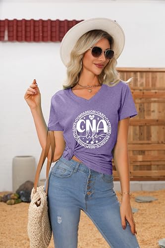 Nurse V Neck T Shirts for Women, Certified Nursing Assistant Tshirt - color: Purple, size: Large