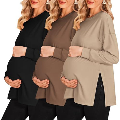 Ekouaer 3 Packs Maternity Shirts Split Side Pregnancy Workout Tops - color: 3pcs- Black + Brown + Khaki, size: XX-Large