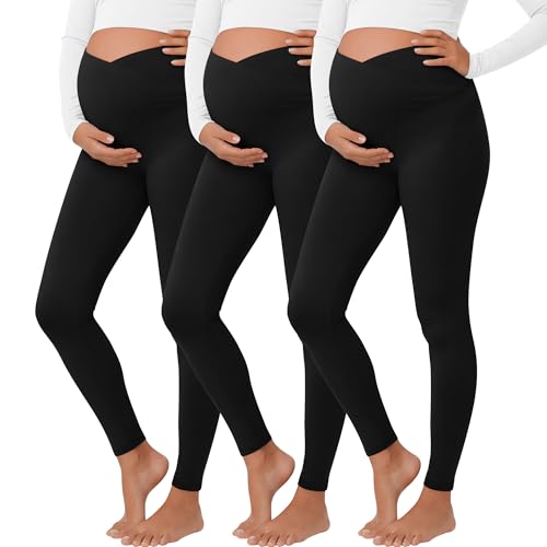 3 Pack Women's Maternity Leggings Pregnancy Pant - color: Black, Black, Black, size: Large