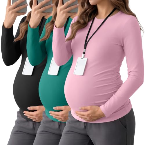 Neer 3 Pack Maternity Under Scrub T Shirt Long Sleeve Undershirt - color: Black, Lake Green, Light Pink, size: Large