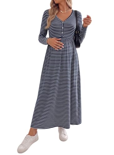 BLENCOT Maternity Dress V Neck Long Sleeve Striped Button Down Maxi Dresses - color: Navy Blue, size: Medium