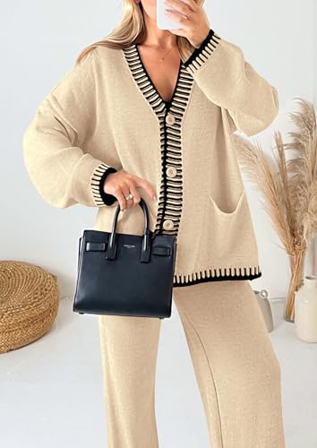 PRETTYGARDEN Women's Fall 2 Piece Knit Sweater Lounge Set - color: Beige, size: Large