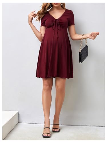 OYOANGLE Women's Maternity Tie Front V Neck Short Dresses - color: Burgundy, size: XX-Large