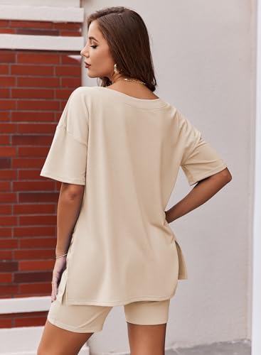 Ekouaer Womens 2 Piece Lounge Set Oversized V Neck Top Biker Short Pajamas - color: Champagne, size: Medium