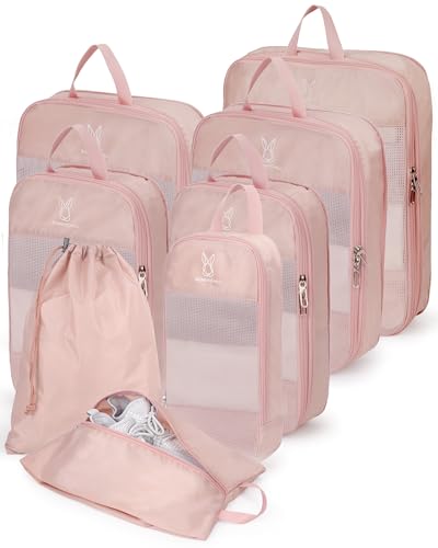 6/8 Set Space Saving Compression Packing Cubes Lightweight Packing Cube - color: Pink, size: 8 Pcs(XL,L*2,M*2,S,laundry bag,shoes bag)