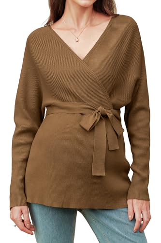 OUGES Womens Soft Cotton Blend Maternity Sweater Wrap V Neck Long Sleeve V Back Fall Shirts Pregnancy Outfits with Belt - color: Brown, size: Medium