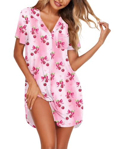 Ekouaer Womens Cotton Nightgowns Button Down Sleep Shirts Soft Night Shirts - color: Cherry, size: Large