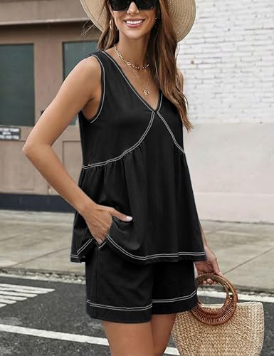 Hooever Women's 2 Piece Outfits Sleeveless V Neck Ruffle Sets Summer Contrast Stitching Tunic Top Matching Shorts - color: Black, size: Medium