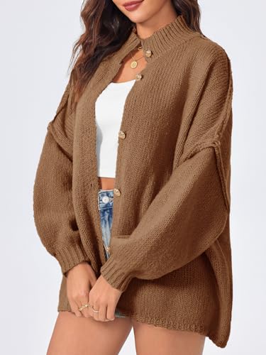 Saodimallsu Womens Oversized Cardigans Long Lantern Sleeve Button Down Chunky Knit Loose Fall Sweater Coats - color: Brown, size: Large