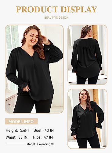Eytino Women's Plus Size Long Sleeve Tops V Neck Chiffon Blouse - color: Black, size: 2X