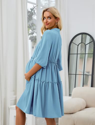 Angashion Women's Maternity Nursing Dress: V-Neck Hidden Zipper Pockets - color: Light Blue, size: Medium