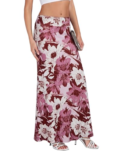 KIFOVEN Women's Foldover High Waist Maxi Skirt - color: White Flowers, size: Medium