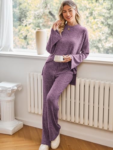 Kikibell Womens Sets 2 Piece Outfits Matching Lounge Set Cozy Knit Pajamas - color: Purple, size: Medium