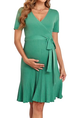 V FOR CITY Maternity Dress Baby Shower Dresses for Women Casual Pleated A Line Waistband Short Sleeve V Neck Knit Summer S-XL - color: Green