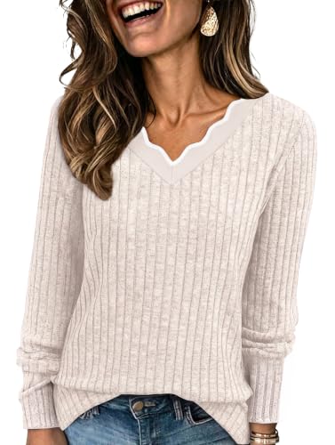 WIHOLL Long Sleeve Womens Shirts Lightweight Fall Tunic Top V Neck Sweaters - color: 01-apricot, size: Medium