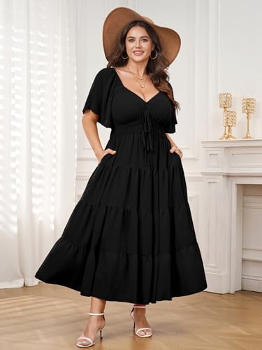 Plus Size Casual Summer Boho Maxi Long Dresses for Curvy Women - color: Black, size: X-Large Plus