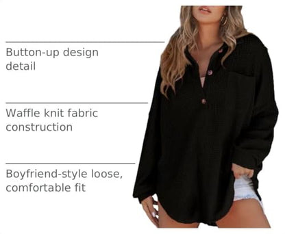 Astylish Women Waffle Knit Tops Henley Shirts - color: Black, size: Medium