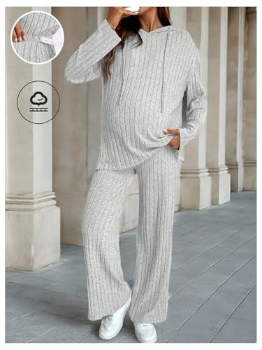 MakeMeChic Women's Maternity 2 Piece Sets Ribbed Knit Hoodie Pants Outfits - color: Grey, size: Large