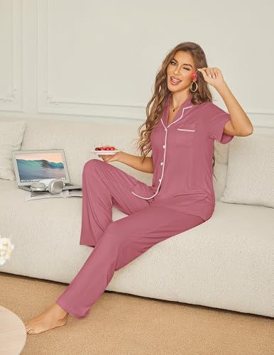 Ekouaer Womens Pajama Sets Button Down Lounge Sets 2 Piece Short Sleeve Pjs - color: Old Rose, size: X-Large