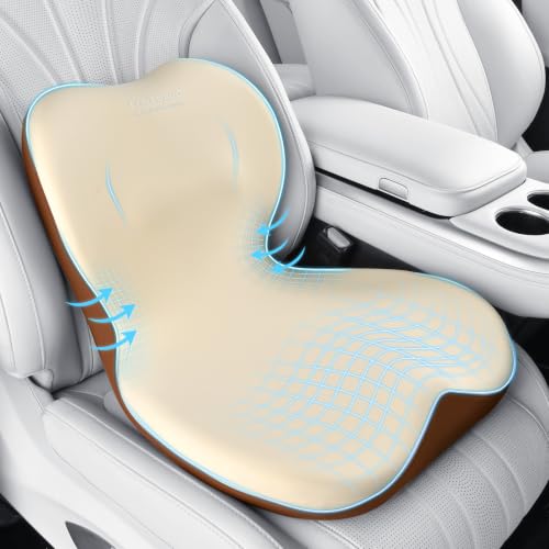 Coverado Car Seat Cushion and Lumbar Support Pillow One Piece, Memory Foam Ergonomic Back Support Driving Seat Cushion for Back Pain, Non-Slip Washable Cushion for Car, Driver, Office - color: Beige-a, size: 1 Piece
