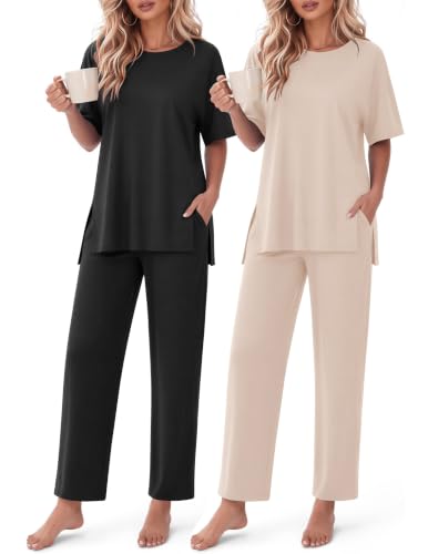 Ekouaer Women's Lounge Sets Short Sleeve Top Long Pants 2 Piece Outfit Set - color: Black&champagne, size: Small