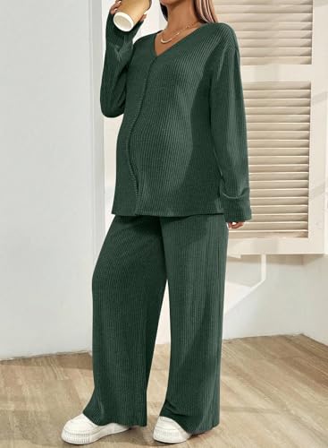 BLENCOT Maternity Lounge Set 2 Piece Long Sleeve Top and Pants with Pockets - color: Dark Green, size: X-Large