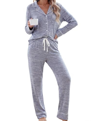 Leikar Button Up Pajama Set For Women Long Sleeve Shirt And Pajama Pants Soft Pjs Lounge Sets - color: A-thickened Blue, size: Large