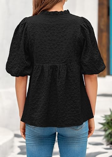 MASCOMODA Womens Puff Short Sleeve Peplum Babydoll Tops 2026 - color: Black, size: Medium