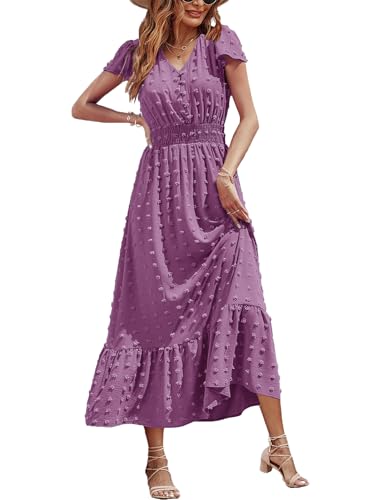 CzzzyL Women Nursing Dresses Cap Short Sleeve V Neck Swiss Dot with Pockets - color: Purple, size: Medium