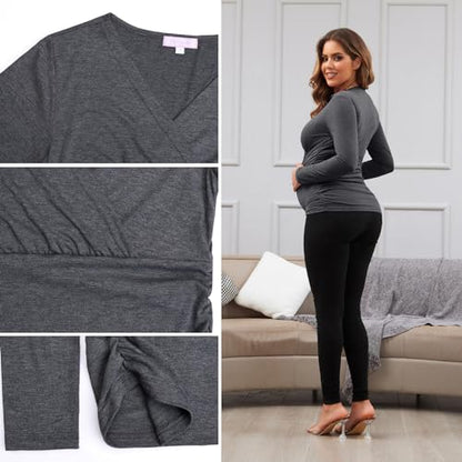 Maternity Shirt Long Sleeve Top Wrap V Neck Blouse Cross Over Nursing Tshirt - color: Dark Grey /Coffee /Caramel, size: Large