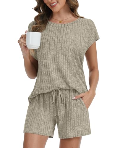 Womens Pajamas 2 Piece Lounge Sets Summer Sleepwear Short Pjs - color: Khaki, size: Medium