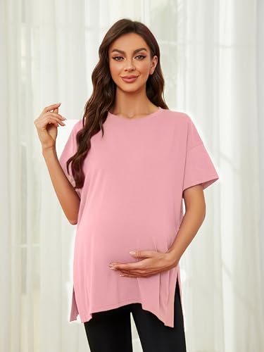 Ecavus Maternity Shirts Side Split Soft Cotton Loose Fit Pregnancy Tops - color: Pink, size: Small