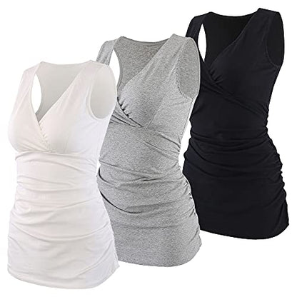 Women's Cotton V Neck Tank Top for Maternity and Nursing - color: Black+grey+white, size: Medium