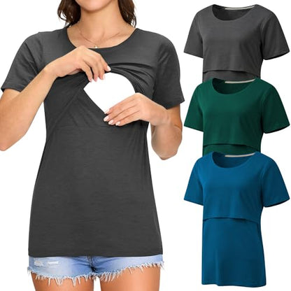 3 Pack Women's Nursing Tops, Breastfeeding Shirts Short Sleeve - color: Dark Grey/Dark Green/Teal, size: XX-Large