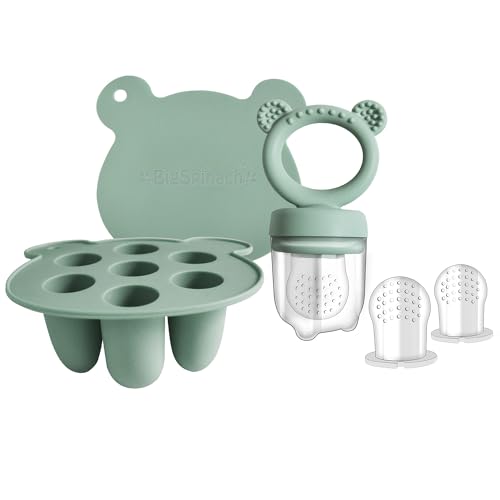 BigSpinach Silicone Baby Food Freezer Tray with Teething Popsicle Molds - Baby Fruit Feeder and Breastmilk Teether Combo - color: Green