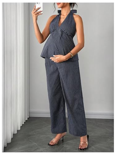 OYOANGLE Women's Maternity 2 Piece Outfits Striped Halter Tops Pants Sets - size: Small