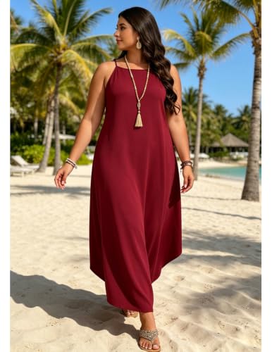 POGTMM Womens Plus Size Dress Boho Sleeveless Maxi Long Halter Sundress - color: Wine Red, size: X-Large