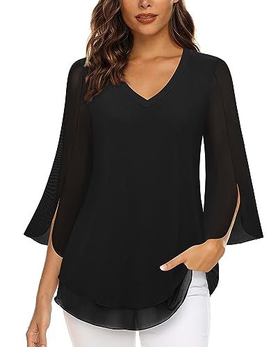 Timeson Women's 3/4 Sleeve Floral Blouses Shirts - color: Black, size: Large