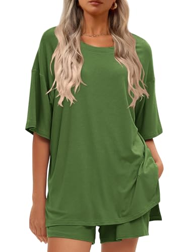 Women's 2 Piece Short Sets Loose Lounge Sets Summer Matching Sets - color: Green, size: Large