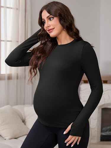 Women Maternity Stretchy Fitted Crew Neck Long Workout Tops - color: Black, size: X-Large