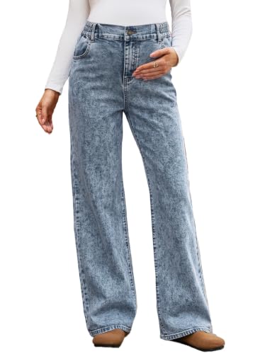 BLENCOT Women Wide Leg Elastic Waist Maternity Jeans with Pockets - color: Myosotis, size: Medium
