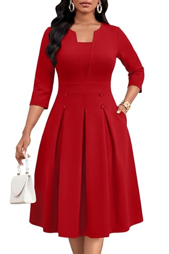 FANDEE Women's Church Midi Dress, 3/4 Sleeve A-Line Fit and Flare Work Dresses with Pockets - color: 004red, size: Large