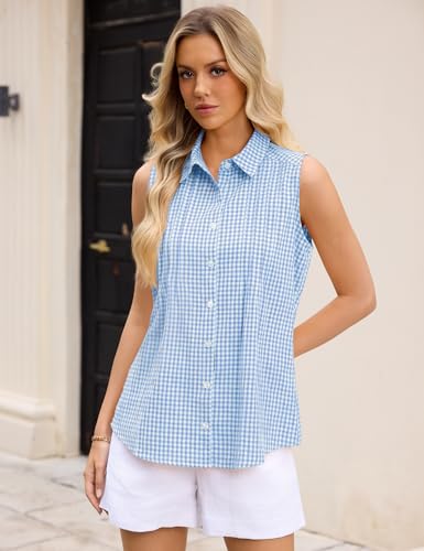 LOMON Women’s Summer Sleeveless Button Down Shirt Office Collared Blouses with Pleated Front Casual Basic Tank Tops - color: Blue and White Plaid（cotton）, size: Large
