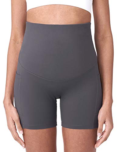 POSHDIVAH Maternity Biker Shorts Over the Belly with Pockets 5"/8" - color: Grey, size: Medium