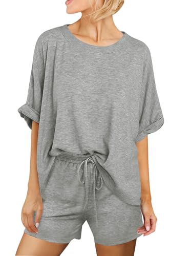 Tankaneo Womens 2 Piece Shorts Sets Oversized Short Sleeve Pajamas Sets - color: Grey, size: Small