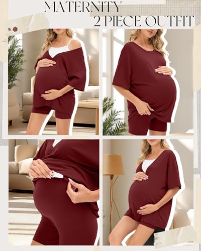 Women's 2 Piece Maternity Oversized Set - color: Wine Red, size: Large