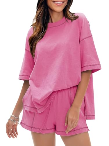 EXLURA Womens Short Sets 2 Piece Outfits Summer 100% Cotton Matching Set - color: Hot Pink, size: X-Small