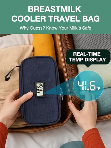 Breast Milk Cooler Travel Bag with Temp Display & 2 Ice Packs - color: Navy Blue